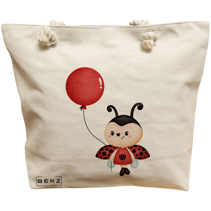 Vászon női hordtáska, katicabogár modell, 40x51 cm, bézs, BEKZ