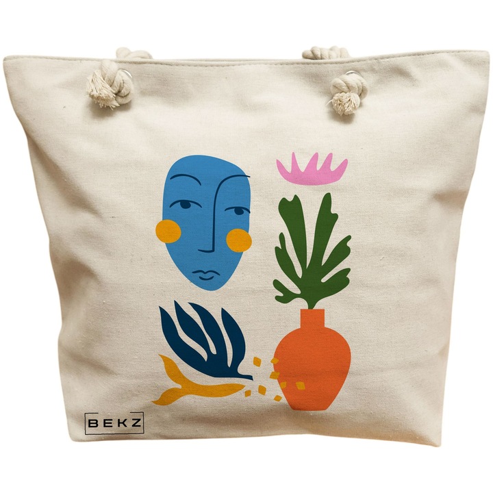 Vászon hordtáska nőknek, formák és arc modell, 40x51 cm, bézs, BEKZ