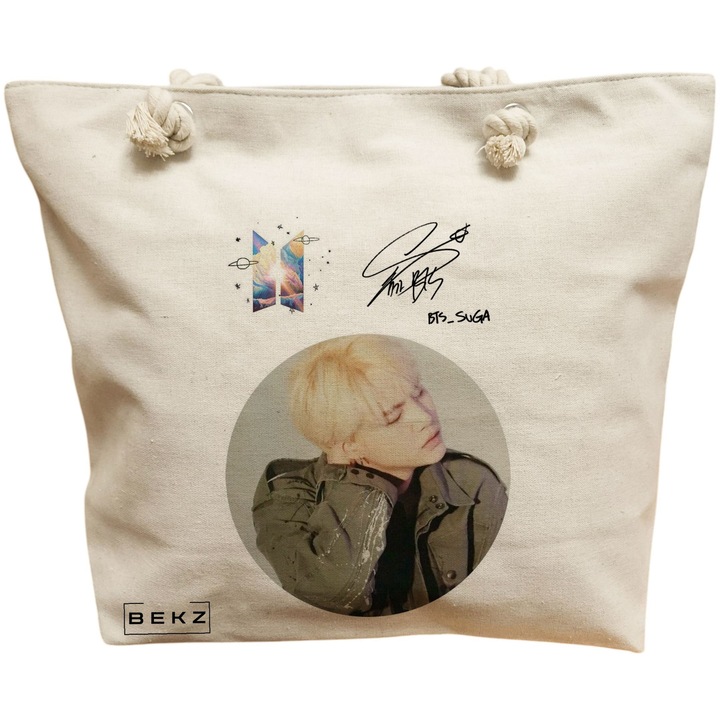 Vászon női hordtáska, BTS Suga modell, 40x51 cm, bézs, BEKZ