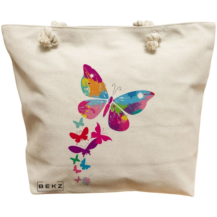 Vászon női táska, akvarell pillangó mintás, 40x51 cm, bézs, BEKZ