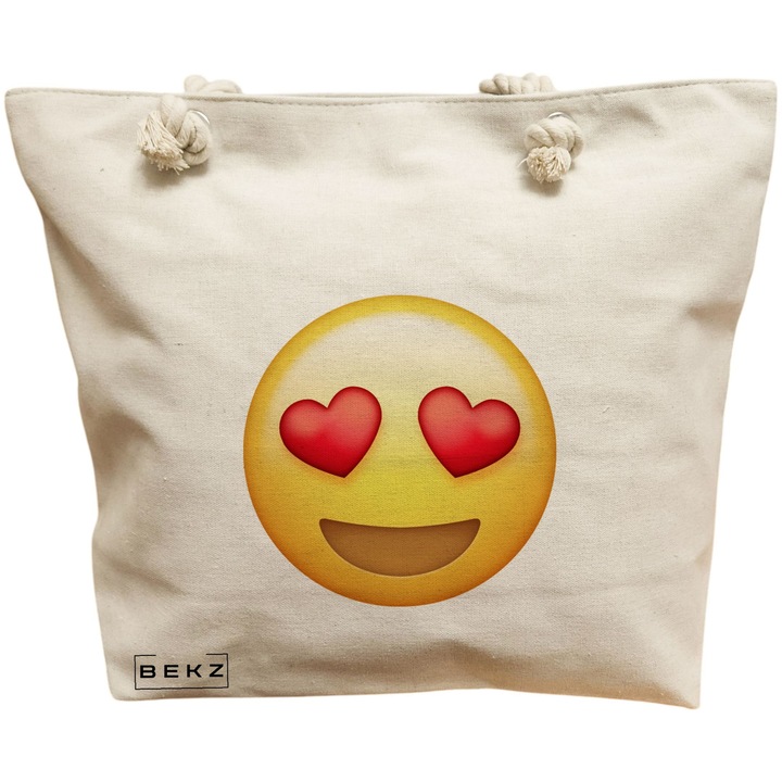 Vászon női táska, szerelmes emoticon modell, 40x51 cm, bézs, BEKZ