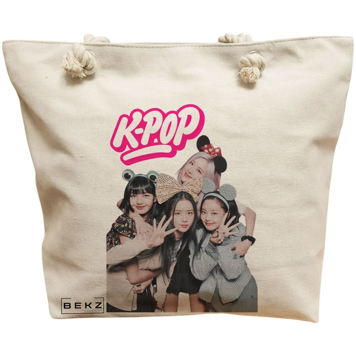 Geanta Canvas Tote pentru femei, model Blackpink k-pop, 40x51 cm, Crem, BEKZ®