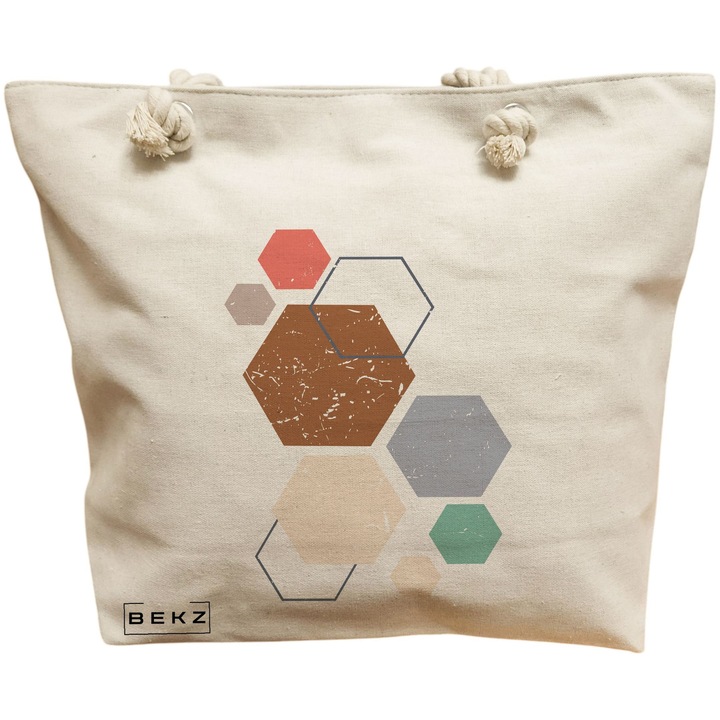Vászon női hordtáska, hatszög mintás, 40x51 cm, bézs, BEKZ