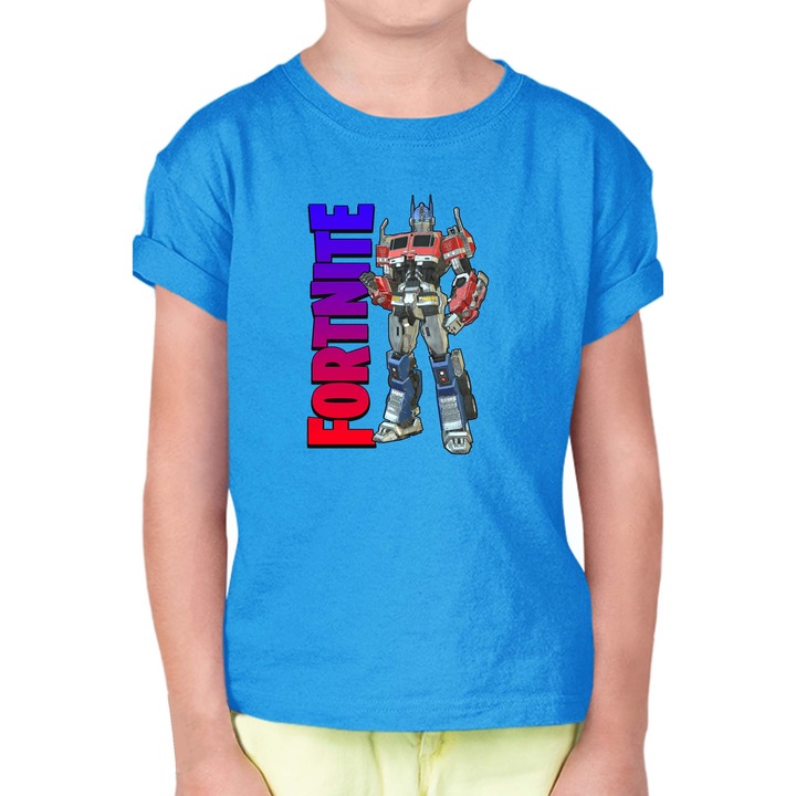 Tricou pentru copii cu maneca scurta FORTNITE Battle Royale OPT Transformers Optimus Prime Skin, Albastru azur