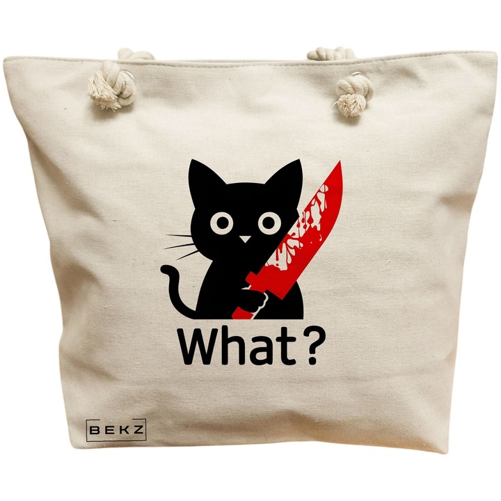 Vászon női hordtáska, vicces fekete macska mintás, 40x51 cm, bézs, BEKZ