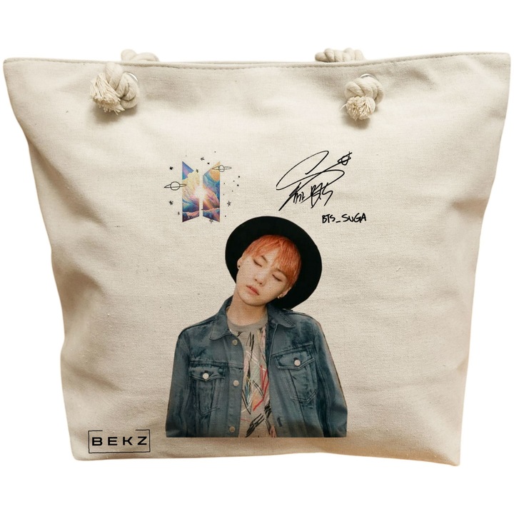 Vászon női hordtáska, BTS Suga 2 modell, 40x51 cm, bézs, BEKZ