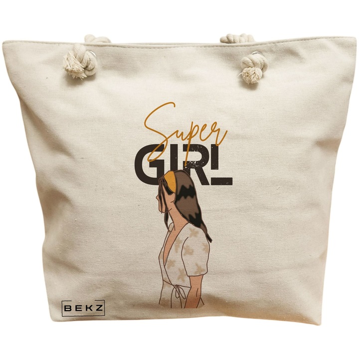 Vászon női táska, Super Girl modell, 40x51 cm, bézs, BEKZ