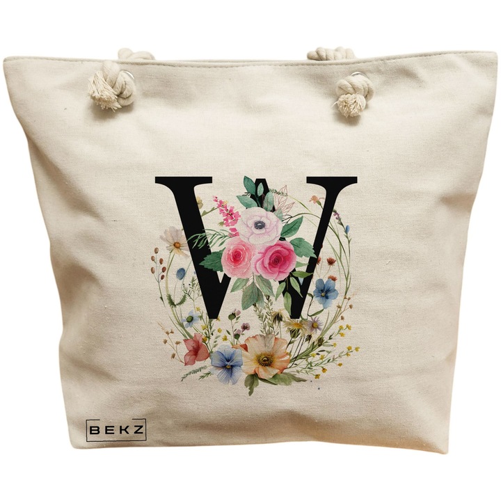 Vászon női hordtáska, W betűvel virágkoszorúban, 40x51 cm, bézs, BEKZ