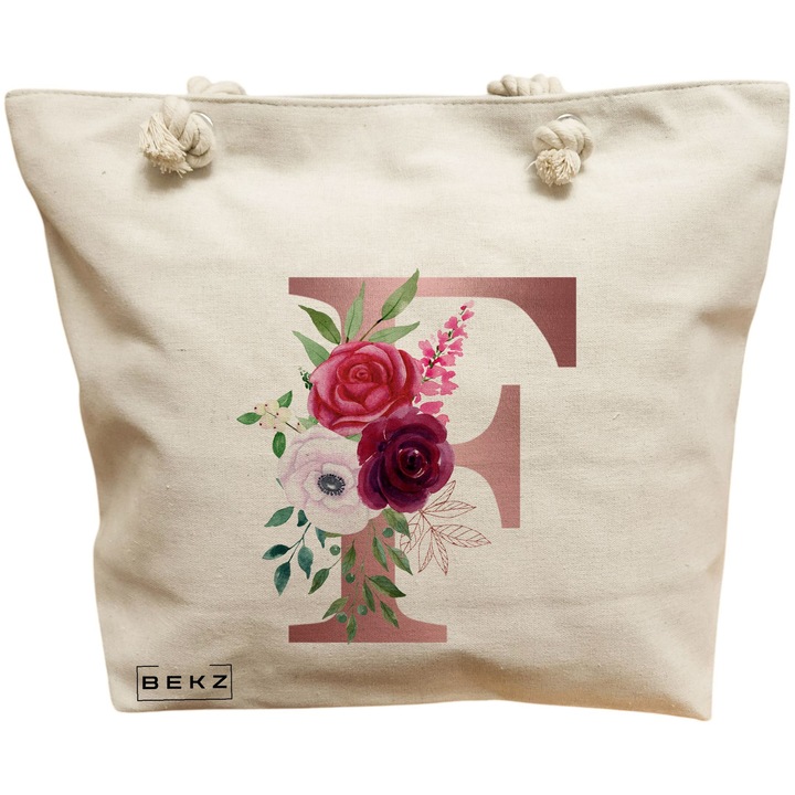 Vászon női hordtáska, rózsaarany színű F betű és rózsa minta, 40x51 cm, bézs, BEKZ