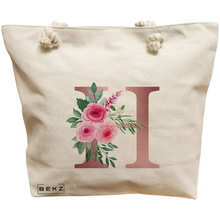 Vászon női hordtáska, rózsa arany H betűvel és rózsákkal, 40x51 cm, bézs, BEKZ