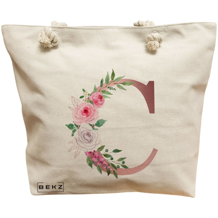 Vászon női hordtáska, C betű rózsával, 40x51 cm, Bézs, BEKZ
