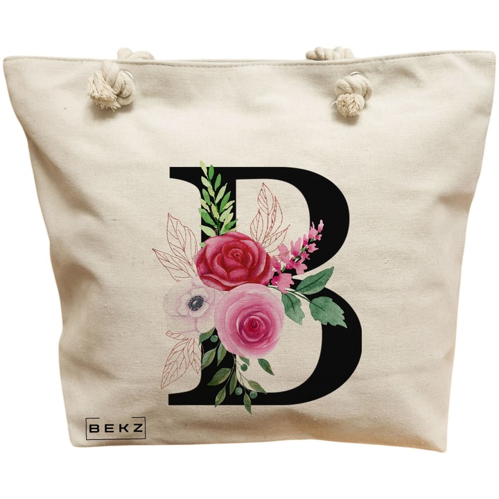 Vászon női hordtáska, B betűvel és rózsákkal, 40x51 cm, bézs, BEKZ