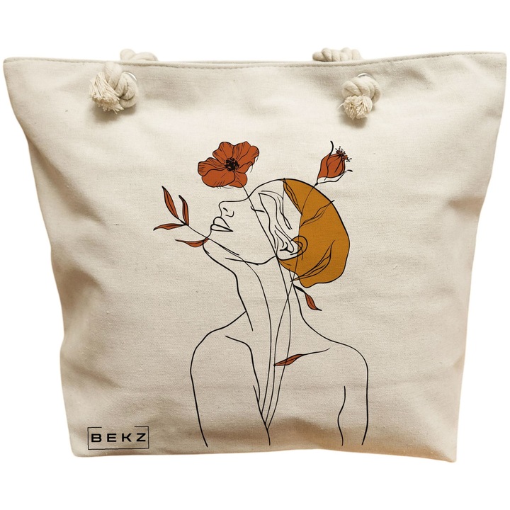 Vászon hordtáska nőknek, Flower Lady 8, 40x51 cm, bézs, BEKZ