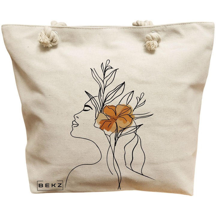 Vászon hordtáska nőknek, Flower Lady 9, 40x51 cm, bézs, BEKZ