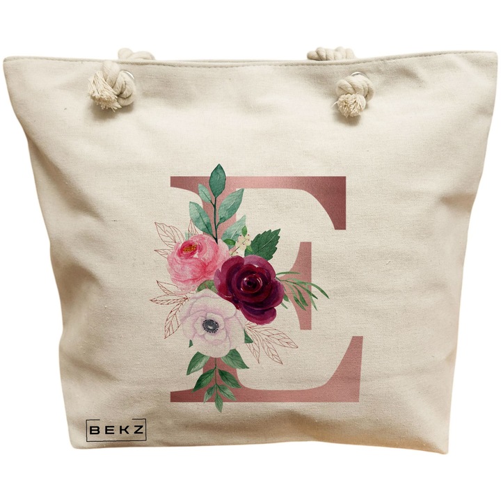 Платнена дамска чанта, с буква Е, розово злато и рози, 40x51 см, бежова, BEKZ®