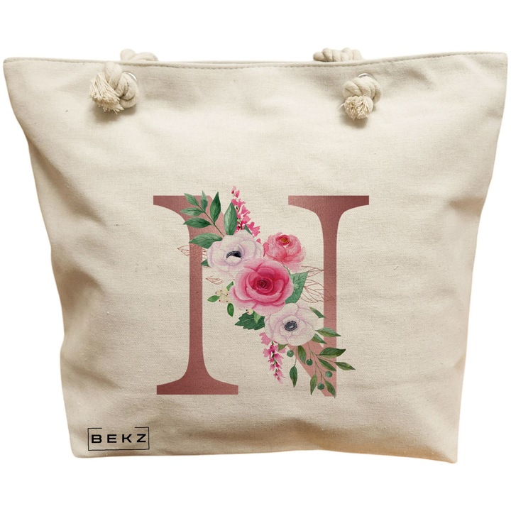 Vászon női hordtáska, N betűvel és rózsákkal, 40x51 cm, bézs, BEKZ