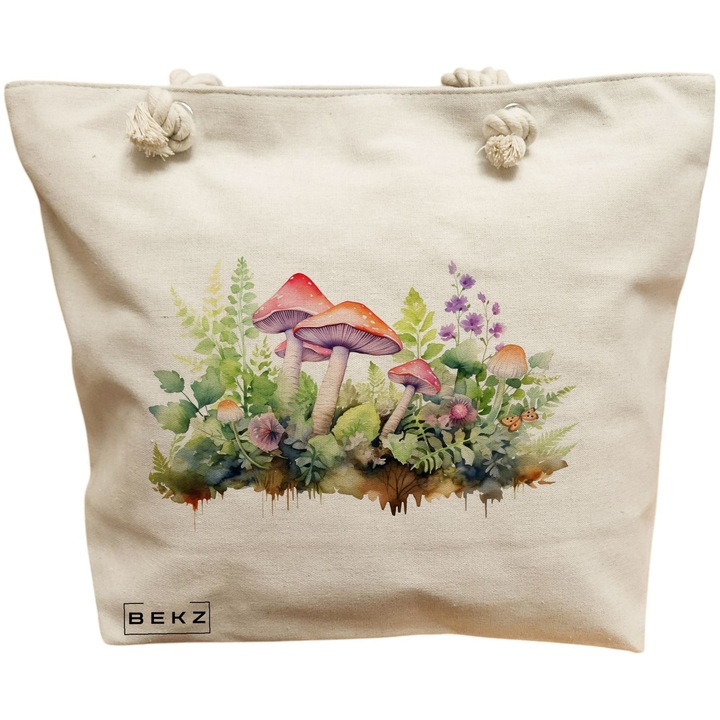 Női vászon tote táska, színes gombák 11, 40x51 cm, bézs, BEKZ