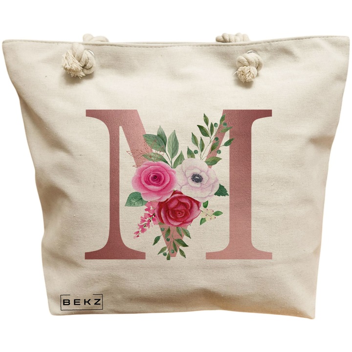 Vászon női hordtáska, M betűvel és rózsákkal, 40x51 cm, Bézs, BEKZ