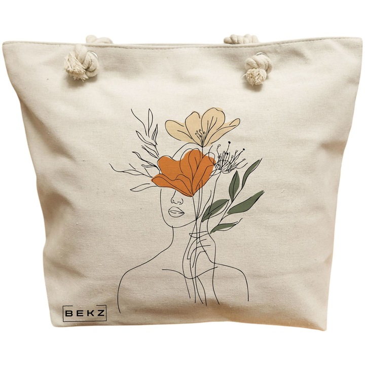 Vászon hordtáska nőknek, Flower Lady 3, 40x51 cm, bézs, BEKZ