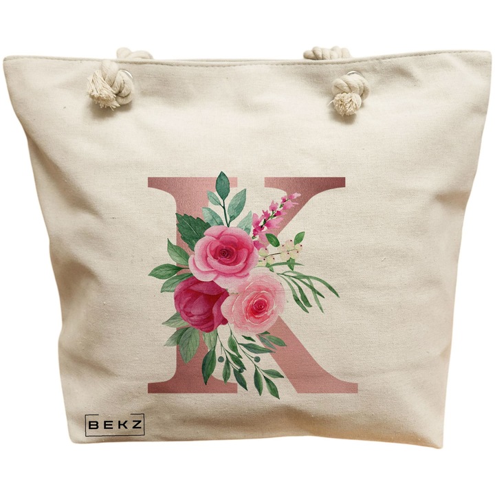 Vászon női hordtáska, K betű rózsával, 40x51 cm, bézs, BEKZ