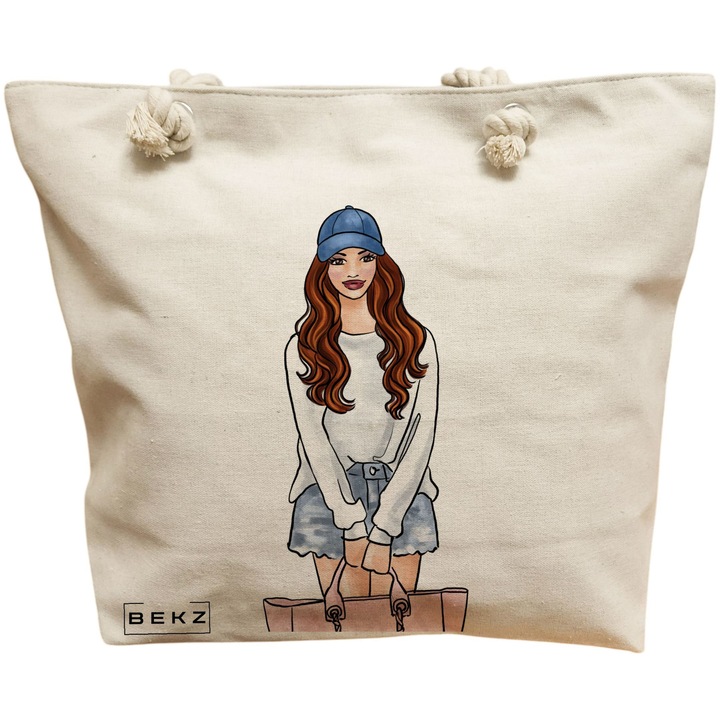 Női vászon tote táska Travel Girl 5, 40x51 cm, bézs, BEKZ