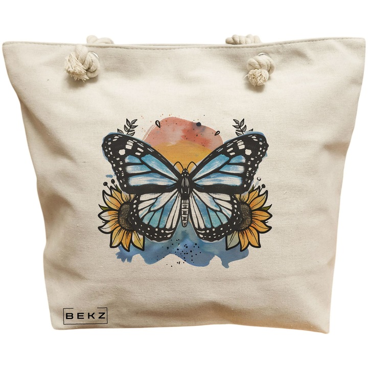 Női vászon hordtáska, kék pillangó, 40x51 cm, bézs, BEKZ