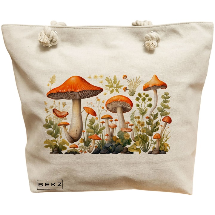 Női vászon tote táska színes gombák 12, 40x51 cm, bézs, BEKZ