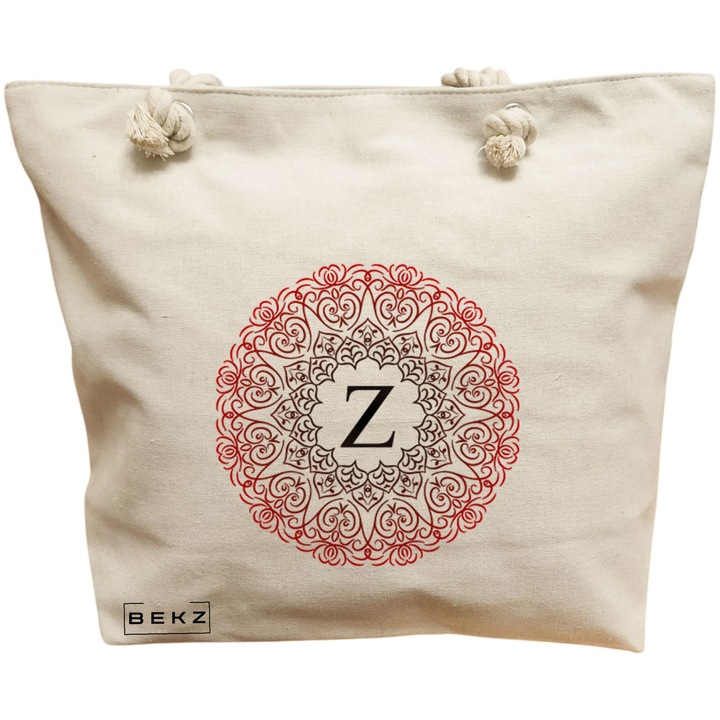Платнена дамска чанта, с буква Z и мандала, 40x51 см, бежова, BEKZ®