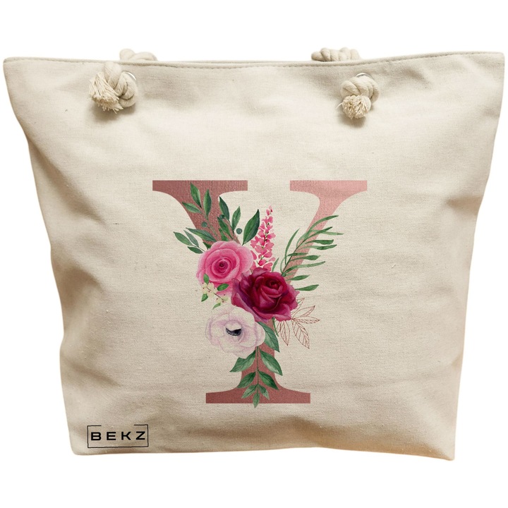 Платнена дамска чанта, с буква Y, розово злато и рози, 40x51 см, бежова, BEKZ®