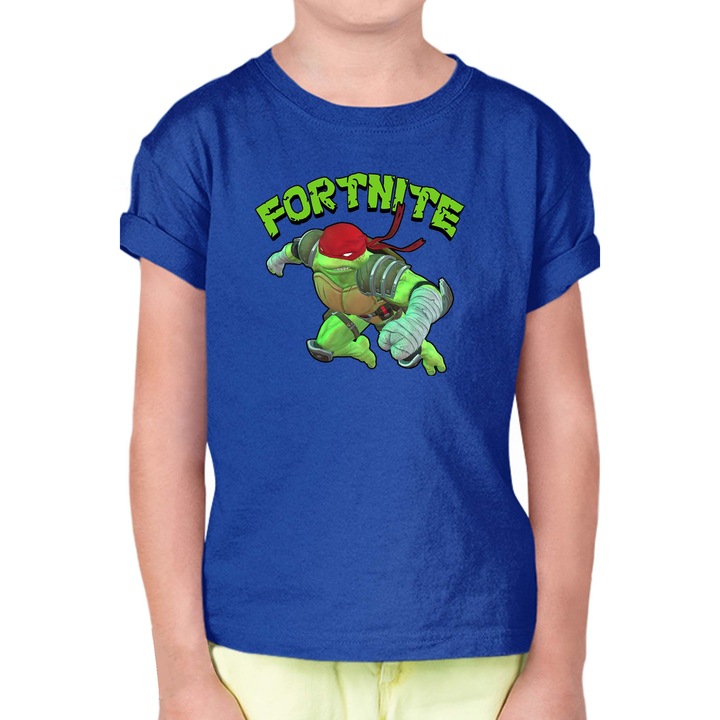 Tricou pentru copii cu maneca scurta FORTNITE Battle Royale OPT Turtles Skin TMNT Raphael, Albastru marin