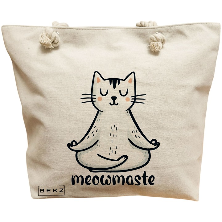 Vászon tote táska nőknek, Yoga Meowmaste, 40x51 cm, bézs, BEKZ