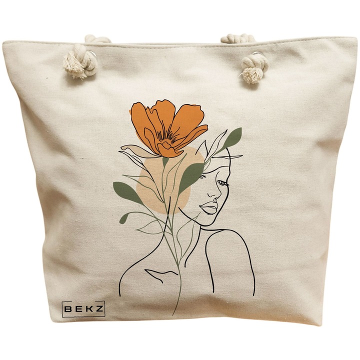 Vászon hordtáska nőknek, Flower Lady 1, 40x51 cm, bézs, BEKZ