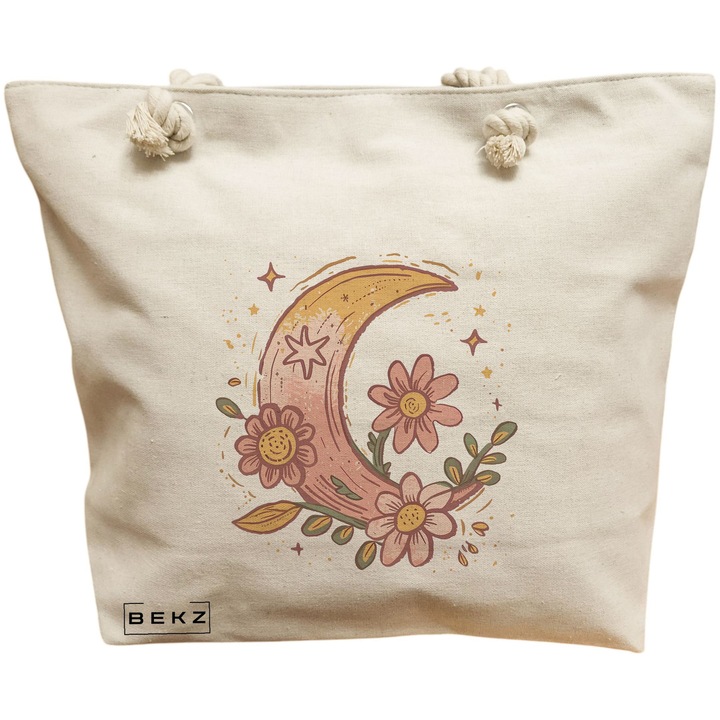 Vászon hordtáska nőknek Hold és virág, 40x51 cm, bézs, BEKZ