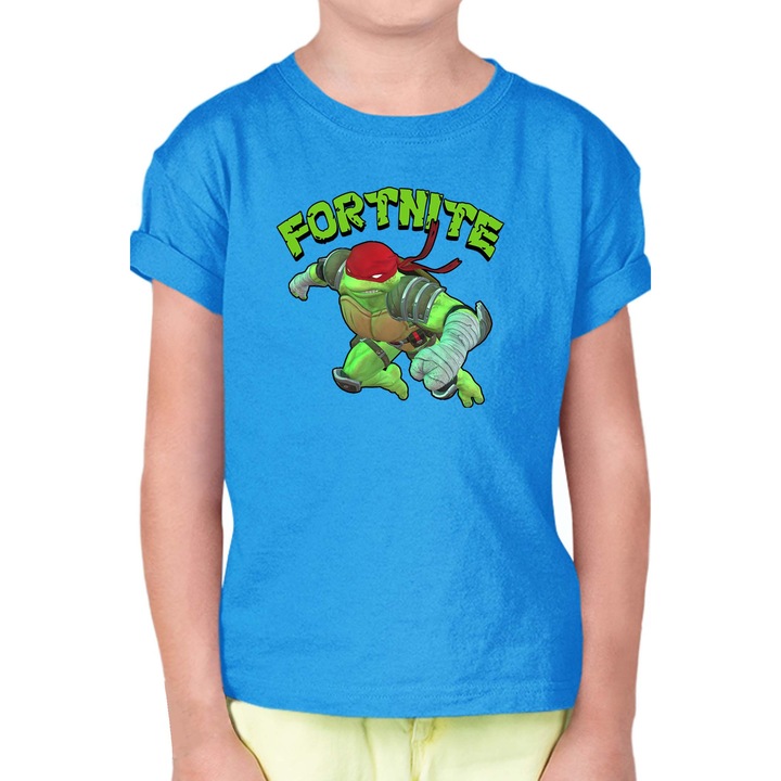 Tricou pentru copii cu maneca scurta FORTNITE Battle Royale OPT Turtles Skin TMNT Raphael, Albastru azur