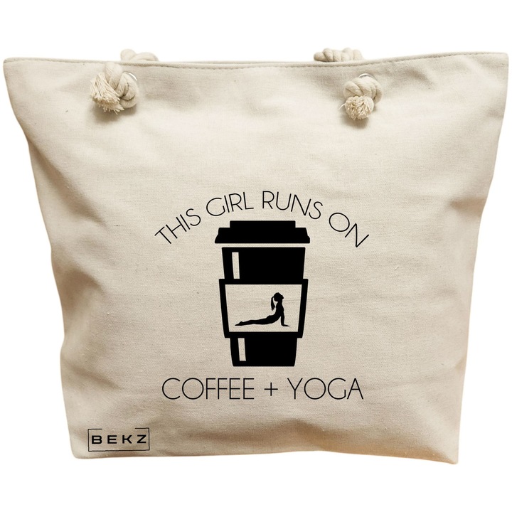 Női vászon tote táska, jóga, Ez a lány kávén és jógán fut 2, 40x51 cm, bézs, BEKZ