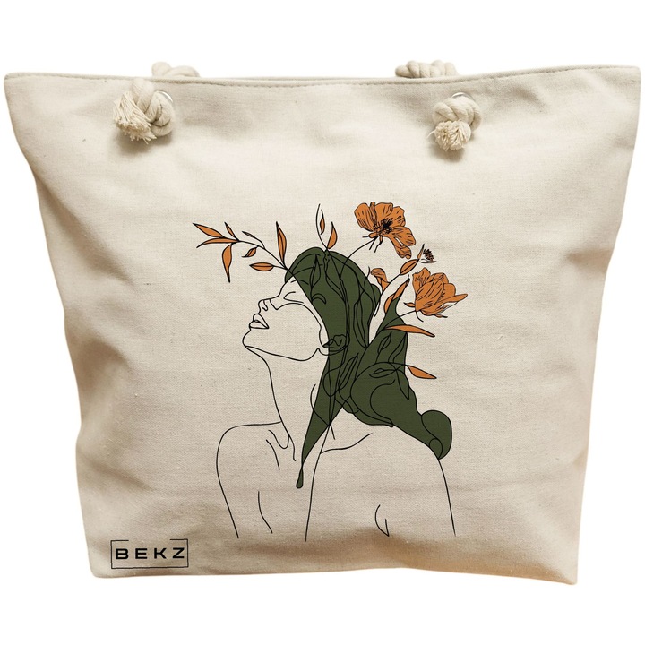 Платнена дамска чанта, Flower Lady 14, 40x51 см, бежова, BEKZ®