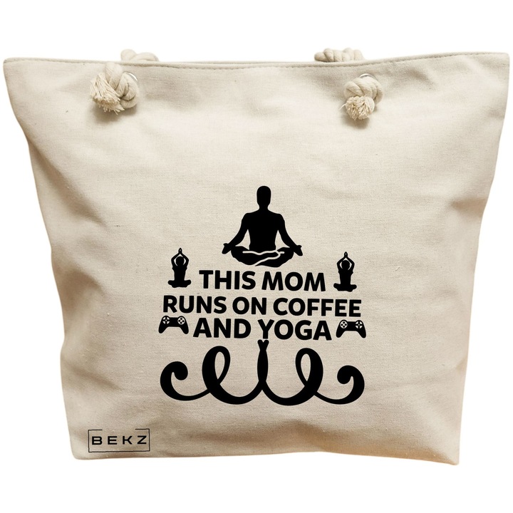 Vászon tote táska, női jóga, This MOM runs on coffee and yoga, 40x51 cm, bézs, BEKZ