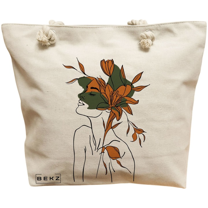 Vászon hordtáska nőknek, Flower Lady 6, 40x51 cm, bézs, BEKZ