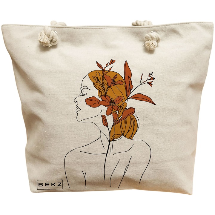 Vászon hordtáska nőknek, Flower Lady 17, 40x51 cm, bézs, BEKZ