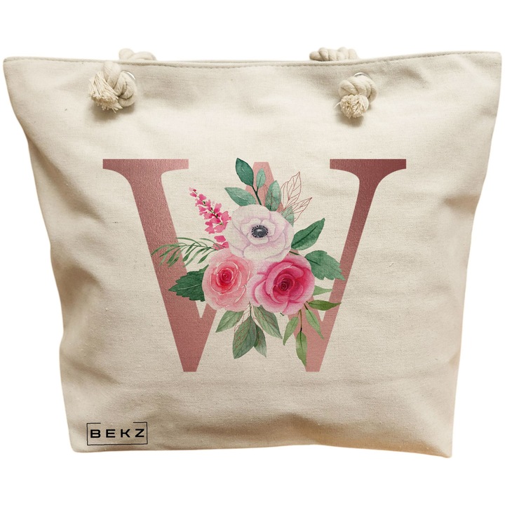 Vászon női hordtáska, Rose Gold W betűvel és rózsa mintával, 40x51 cm, bézs, BEKZ