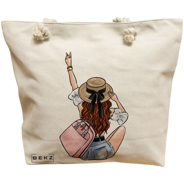 Női vászon tote táska Travel Girl 8, 40x51 cm, bézs, BEKZ