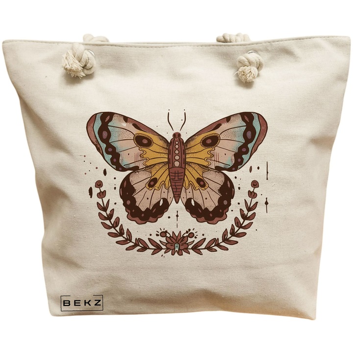 Платнена дамска чанта кафява пеперуда, 40x51 см, бежова, BEKZ®