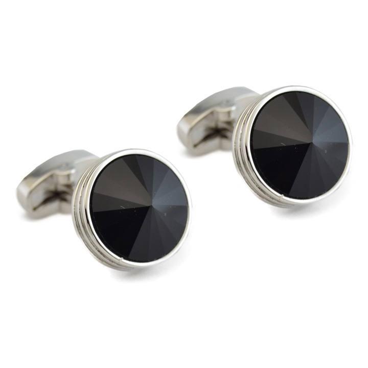 Elegáns sárgaréz ing mandzsettagomb készlet, Newtone, BT-007, Kerek kristállyal, Fekete / Ezüst, 18 mm