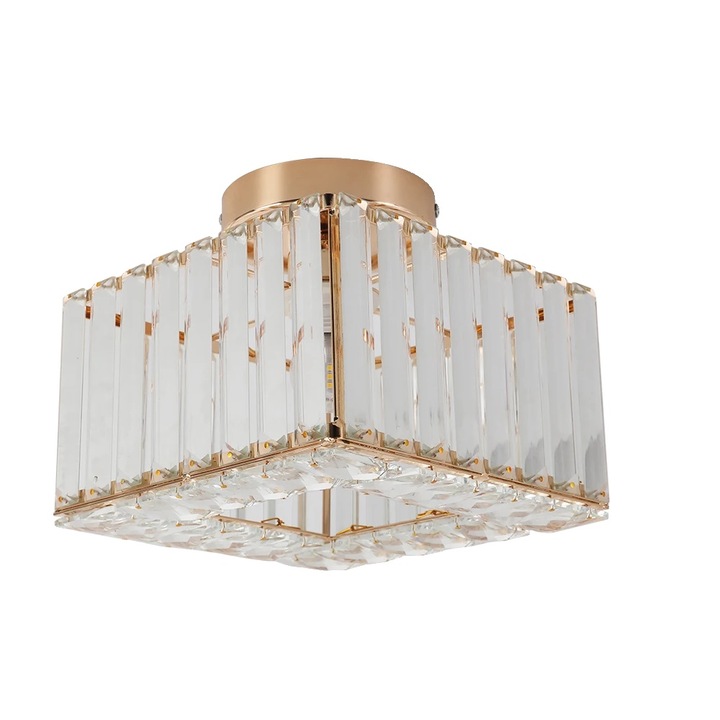 Lustra moderna din cristal, inaltime ajustabila, aurie, 12x20x13cm