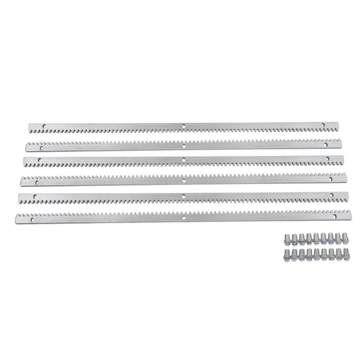 Рейка за плъзгаща порта, Модул 4, 6×1 м (6 м), 1,2 см дебелина, предварително пробити отвори, съвместима с повечето мотори за плъзгащи порти, Сребрист