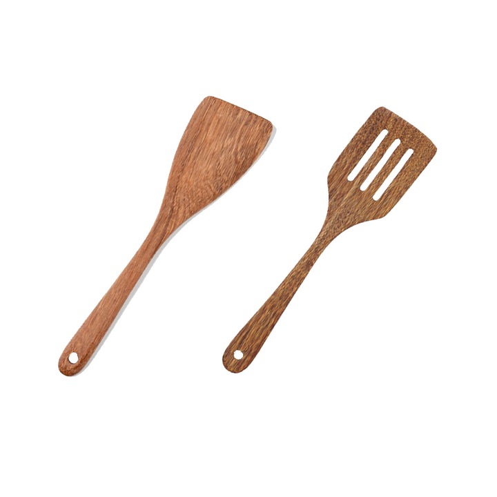 Set 2 spatule din lemn, ZGGZERG, Spatula pentru Prajire din lemn, Spatula wok, Cu orificiu, Antiaderente si termorezistente, Clasa alimentara, Usor de curatat, Pentru coacere, gatire, Lemn, 32*8cm/31*7.5cm, Maro