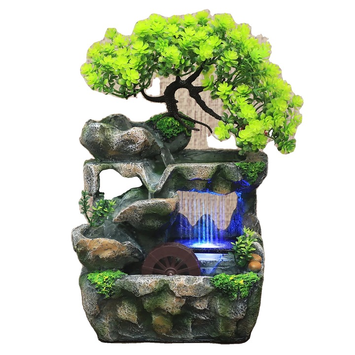 Настолен фонтан, ярки LED светлини, звук на водопад за релакс, многоцветен, 18x15x30см