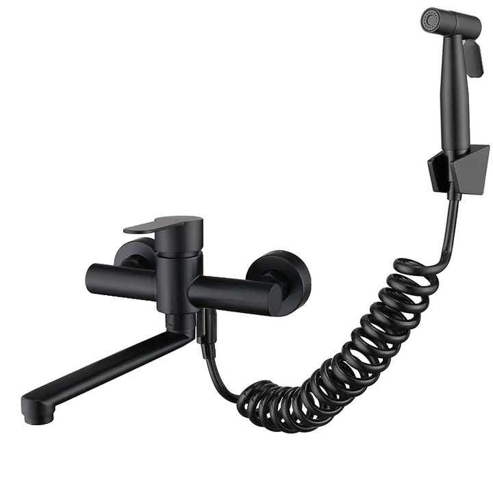 Falra szerelhető szaniter csaptelep, 360°-ban forgatható, egykaros, rozsdamentes acél, matt fekete, 2 beépítési furat