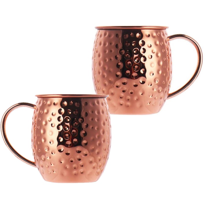 Set 2 cani cu cupru 20 Oz, AMRINUGL, finisaj cupru ciocanit, maner din alama aurie