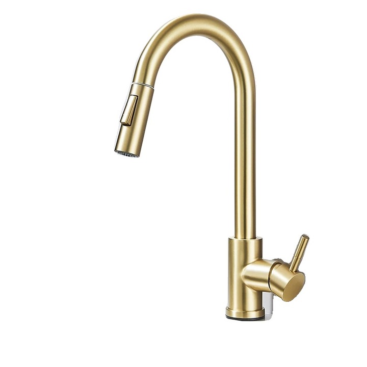 Szaniter konyhai csaptelep, 360°-os forgás, kettős víz üzemmód, csiszolt arany
